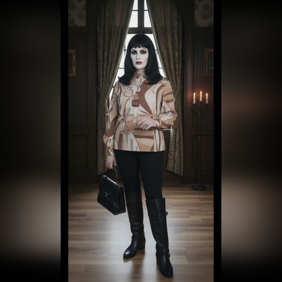 VTG 70s 80s Trompe l' Oeil Equestrian Print Top Med Old Money Preppy Maximalist - Picture 1 of 16